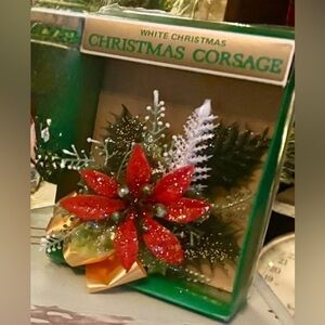 Vintage 50s Christmas Corsage Pin Plastic Poinsettia Pine Ornament